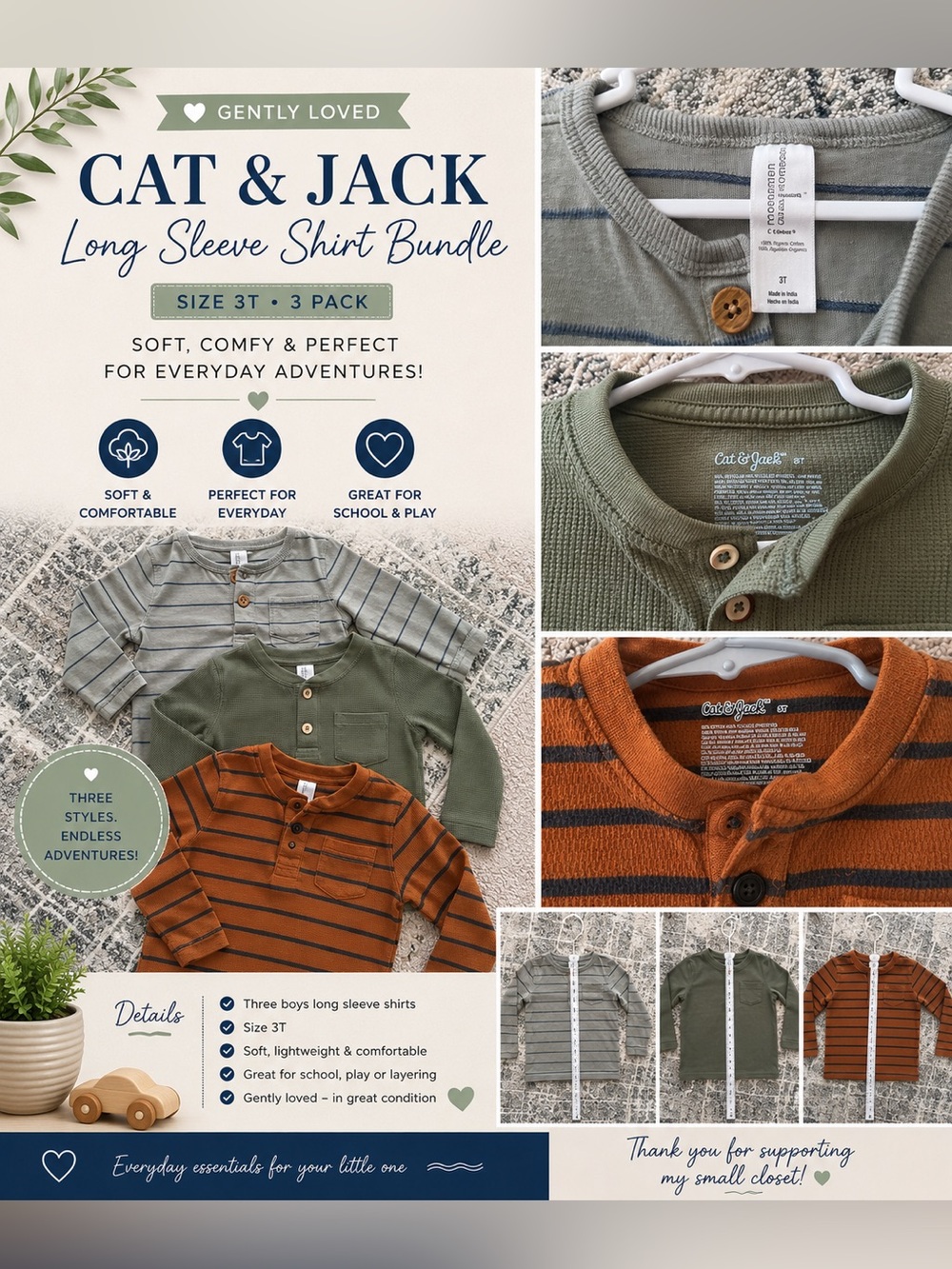 Cat & Jack Long Sleeve Shirt Bundle — Olive, Rust, Gray Stripe (3T, 3-Pack)